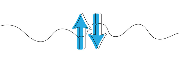 Aufkleber - Continuous one line drawing of arrow pointing up and down. Black thin line of two directions arrow icon isolated on white background. EPS10 vector illustration for banner, template, web, app, poster.