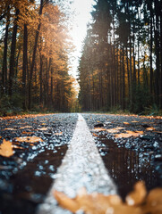 Poster - Forest road in autumn with golden leaves scattered on wet asphalt, surrounded by tall trees and peaceful, tranquil atmosphere, perfect for nature lovers