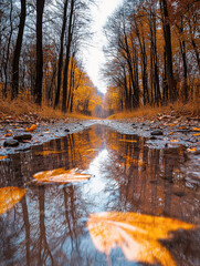 Poster - Autumn forest road with golden leaves puddle reflection bare trees tranquil mood overcast sky nature landscape peaceful serene seasonal change
