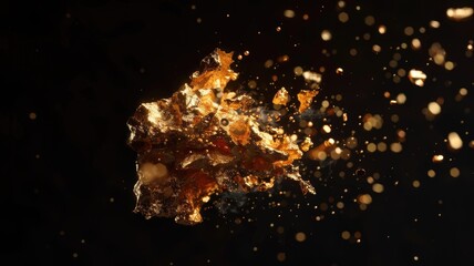 Poster - This image features an abstract object floating in a black background, showcasing intricate textures and vibrant golden colors that create a dynamic visual experience.