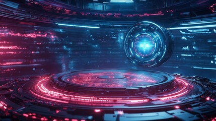 Poster - Abstract futuristic blue background. Futuristic circular podium. Empty podium. High technology. Design template technology. Abstract technology. Futuristic technology. Technology digital. Copy space
