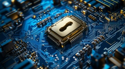 Poster - Lock on the circuit board. Cyber security protection technology. Digital data security padlock. Web security, business data security, internet protection. Abstract tech. Futuristic tech. High tech