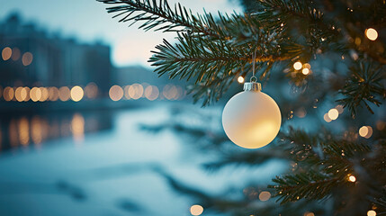 Aufkleber - White Christmas ornament hanging on evergreen tree branch, glowing with warm lights, outdoor winter evening, festive and peaceful holiday atmosphere by river