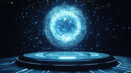Poster - Abstract futuristic blue background. Futuristic circular podium. Empty podium. High technology. Design template technology. Abstract technology. Futuristic technology. Technology digital. Copy space