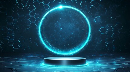 Poster - Abstract futuristic blue background. Futuristic circular podium. Empty podium. High technology. Design template technology. Abstract technology. Futuristic technology. Technology digital. Copy space