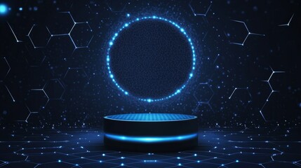 Poster - Abstract futuristic blue background. Futuristic circular podium. Empty podium. High technology. Design template technology. Abstract technology. Futuristic technology. Technology digital. Copy space