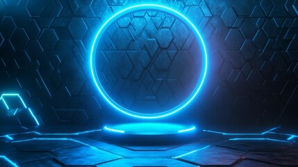 Poster - Abstract futuristic blue background. Futuristic circular podium. Empty podium. High technology. Design template technology. Abstract technology. Futuristic technology. Technology digital. Copy space