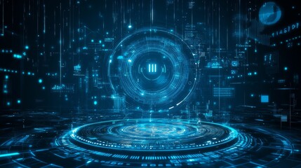 Poster - Abstract futuristic blue background. Futuristic circular podium. Empty podium. High technology. Design template technology. Abstract technology. Futuristic technology. Technology digital. Copy space