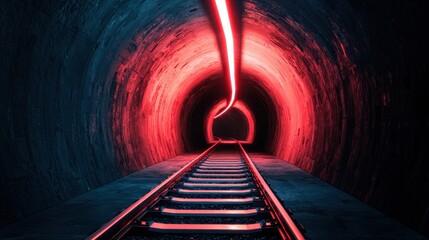 Poster - A glowing red tunnel with train tracks illuminated by vibrant neon light, creating a futuristic and mysterious atmosphere.