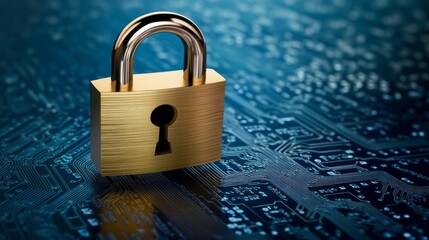 Poster - Lock on the circuit board. Cyber security protection technology. Digital data security padlock. Web security, business data security, internet protection. Abstract tech. Futuristic tech. High tech