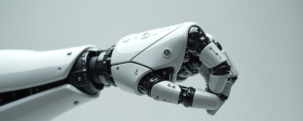 Poster - Robotic hand in fist position. Mechanical design emphasizes tech, law, compliance. Innovation, future of robotics. Artificial intelligence, industry automation, cybernetics.