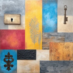 Poster - Textured Abstract Collage with Key and Fleur de lis