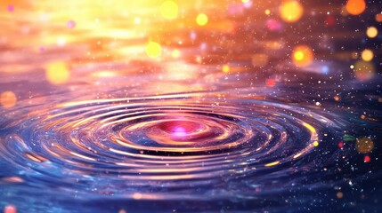 Poster - Abstract futuristic scene of glowing liquid rings forming ripples across dark blue water, symbolizing innovation and dynamic energy