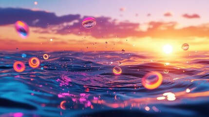 Poster - Abstract glowing liquid rings expanding across a deep blue water surface, showcasing futuristic energy in motion