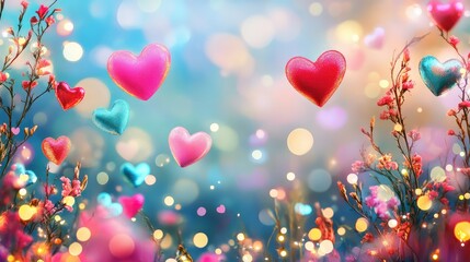 Poster - Bright neon hearts in shades of electric blue and vibrant pink drifting among sparkling bokeh lights, creating a lively romantic energy