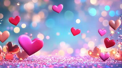 Poster - Brilliant neon hearts drifting across sparkling bokeh lights in vibrant pink and electric blue tones, ideal for a lively romantic theme