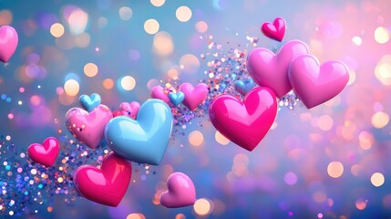 Poster - Colorful neon hearts in vibrant pink and electric blue floating through a dreamy, high-resolution sparkling bokeh background