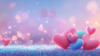 Poster - Radiant neon hearts glowing against a backdrop of shimmering bokeh, blending electric blue and vibrant pink for a dazzling effect