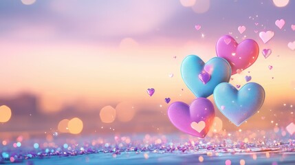 Poster - Romantic neon dreamscape featuring soft blue and purple heart bokeh floating across a subtle glowing background