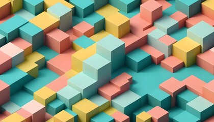 Aufkleber - Isometric arrangement of pastel colored cubes creating an abstract geometric pattern and background