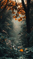 Wall Mural - a serene forest scene bathed in warm light. vibrant orange leaves contrast with lush greenery. natur