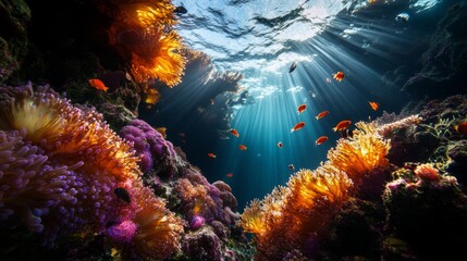 Wall Mural - beneath the surface lies a vibrant underwater world. colorful corals and shimmering fish dance in th
