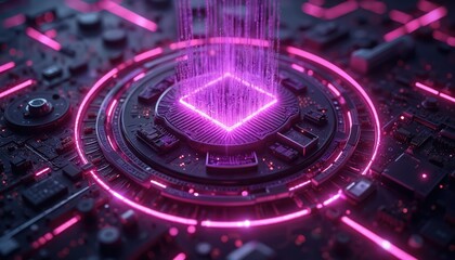 Fototapete - Futuristic quantum computer core with glowing purple neon lights circuitry. High-tech digital abstract concept. Represents innovation in processing power. Dark metallic metallic structure, complex