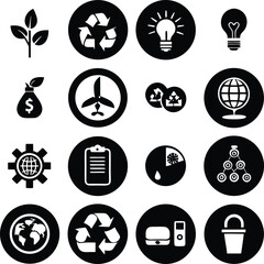Poster - Ecology icon set, a vector illustration with tree, heart, car, and arrow symbols in black round web design