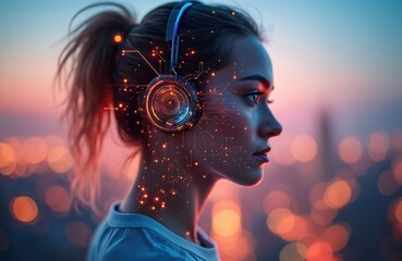 Poster - AI agent woman with headset, digital connections. Tech customer service support. Futuristic portrait, online support, innovation in communication. Concept of modern digital transformation in business.