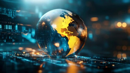 Poster - A glowing digital globe floats above a futuristic, data-rich background, highlighting technology and global connectivity.