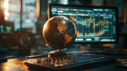 Poster - A glowing globe sits on a desk in front of a computer monitor displaying financial graphs and a keyboard.