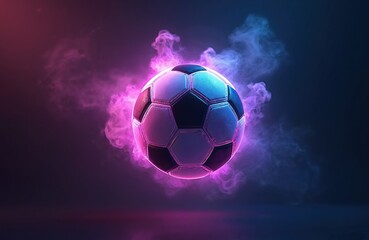 Poster - Dynamic 3D rendering illustration of a football ball in neon purple glowing smoke. Futuristic design, modern sports theme, high energy level, concept for game promotion, advertising.
