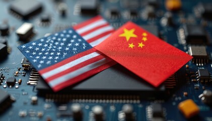 Poster - Close-up American Chinese flags on circuit board symbolize tech competition. Semiconductor war between United States China. AI, chip, hardware, manufacturing, technology, international digital