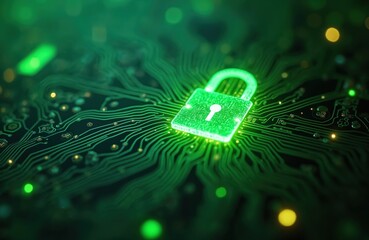 Poster - Cybersecurity concept image with illuminated lock on circuit board, green color. Digital safety, data protection. Computer network security, internet privacy, data encryption tech.