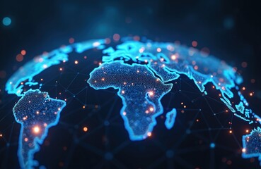 Poster - Futuristic digital globe, hexagonal patterns, neon blue lights in deep space. Cyber world map connection, global network, communication, technology, data transfer, internet, business, innovation.