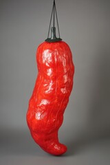 Poster - Hanging Red Pepper Sculpture Against a Neutral Backdrop for Culinary or Artistic Projects