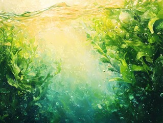 Poster - Underwater world with sunlight and algae, beautiful light shining through the water surface