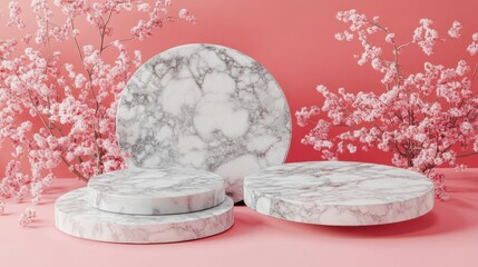 Aufkleber - Elegant marble podiums with pink cherry blossom for product presentation background