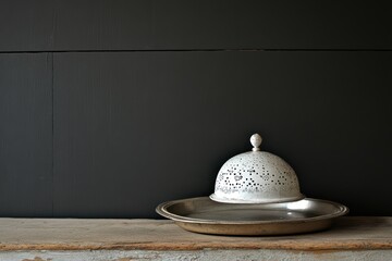 Poster - Vintage Silver Platter with Decorative Dome Lid on Weathered Wood Surface Against Dark Wall
