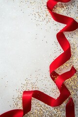 Poster - Bright Red Ribbon and Golden Glitter on a White Background for Festive Celebrations and Holidays