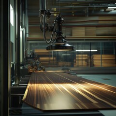 Aufkleber - Woodworking Machine in Industrial Setting with Focus on Wood Surface and Overhead Lamp