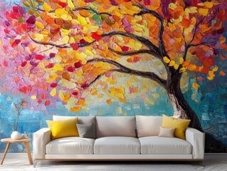 Poster - Vibrant Tree Painting Backdrop for Modern Living Room with Comfortable White Sofa