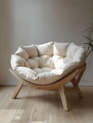 Poster - Comfortable papasan chair with wooden frame and cushion in a bright room with plant