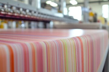 Poster - Colorful Textile Production: Close-Up of Automated Machine and Fabric with Vibrant Stripes