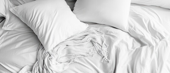 Aufkleber - Serene white bedding with soft pillows and a textured throw blanket creating a cozy and inviting scene
