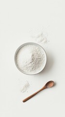 Aufkleber - Bowl of Fine White Powder with Wooden Spoon on Clean White Surface in Studio Lighting