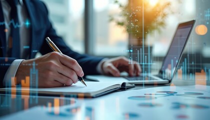 Poster - business analyst writes in notebook, works on laptop, analyzes financial data, charts, diagrams. fin