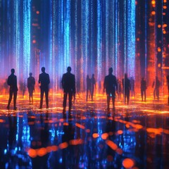 Poster - Silhouetted figures in a futuristic city, digital rain background, technology event