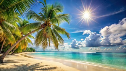 warm sandy beach with palm trees and clear turquoise water, sun shining bright in the sky, turquoise
