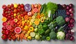 © Akram - Healthy colorful fruits and vegetables organized in rainbow color spectrum on plain background with clear product lighting